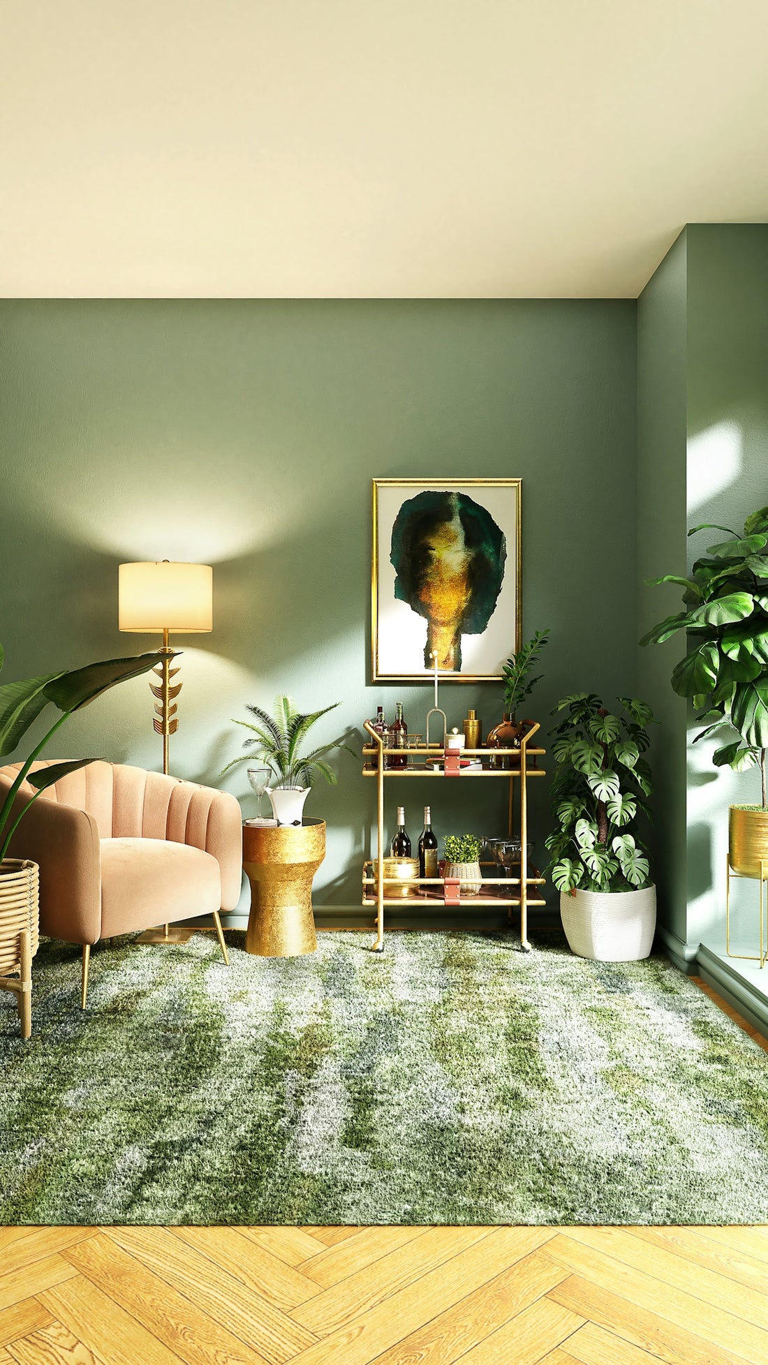 A pink velvet armchair, gold side table, and bar cart in a green living room