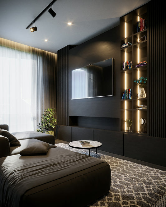 a room with a tv and a couch