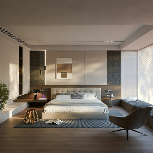 Luxurious bedroom with a large bed and modern furniture