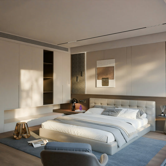 Modern bedroom with a large bed and minimalist decor
