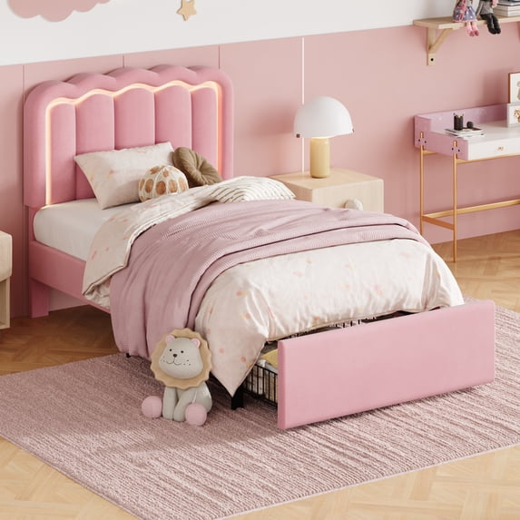 Pink Velvet LED Bed Frame with Storage Drawer