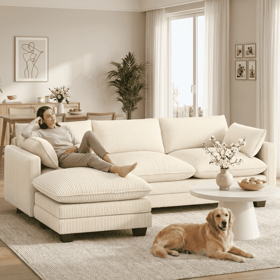 110" L-Shaped Corduroy Sectional Sofa with Ottoman