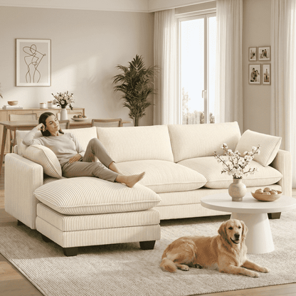 110" L-Shaped Corduroy Sectional Sofa with Ottoman