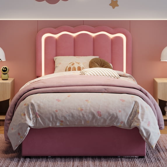 Pink Velvet LED Bed Frame with Storage Drawer