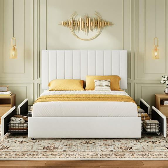 Queen Storage Bed Frame with Adjustable Velvet Headboard