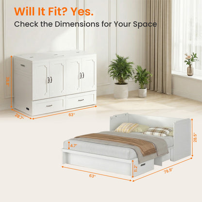 Queen Murphy Cabinet Bed with USB Ports & Storage Drawer
