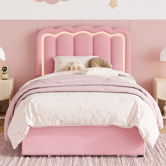 Pink Velvet LED Bed Frame with Storage Drawer