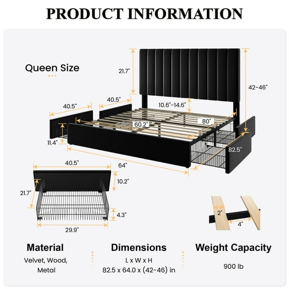 Queen Velvet Platform Bed Frame with Storage Drawers