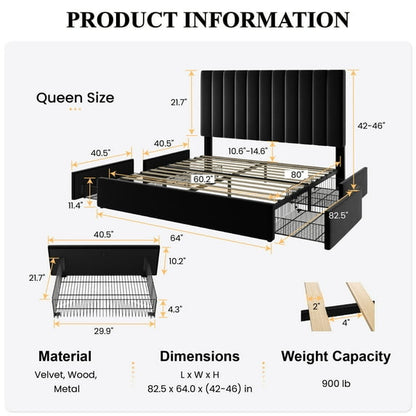 Queen Velvet Platform Bed Frame with Storage Drawers