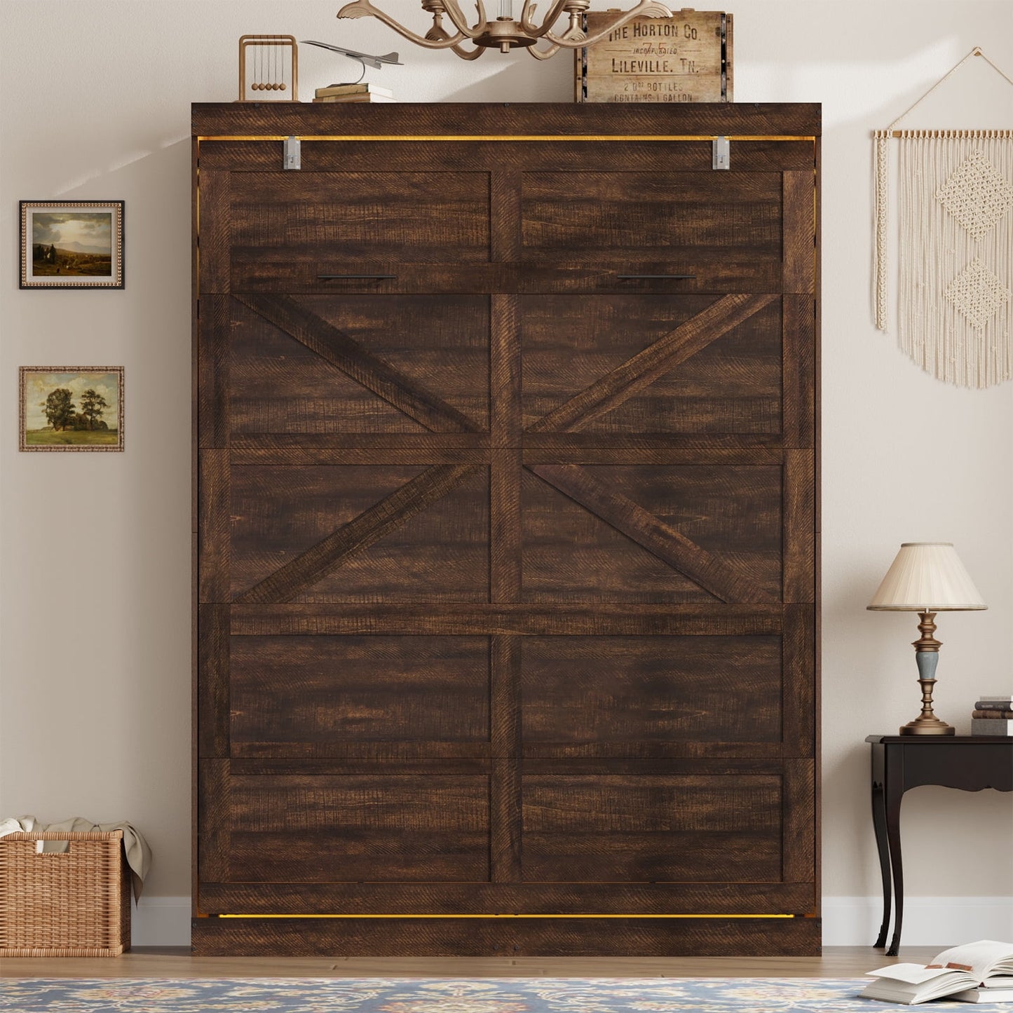 Full Size Farmhouse Murphy Wall Bed with LED Lights & Storage Cabinet