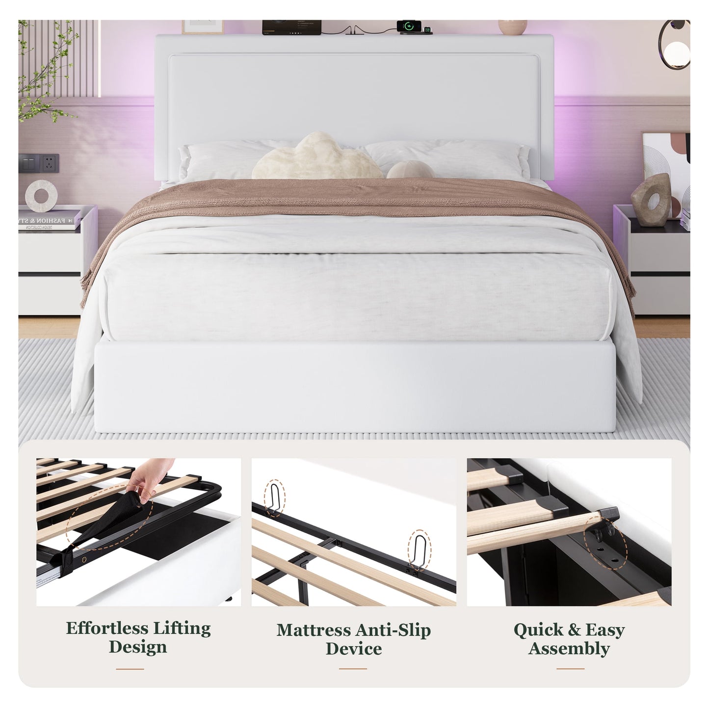 Queen Lift-Up Storage Bed Frame with LED Headboard & Charging Station