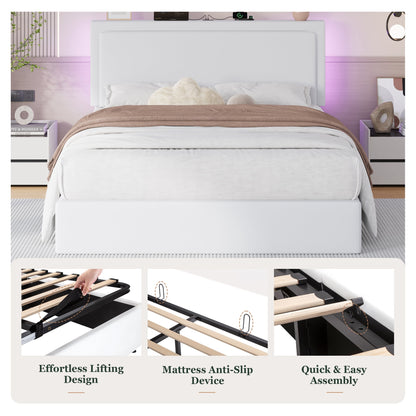 Queen Lift-Up Storage Bed Frame with LED Headboard & Charging Station