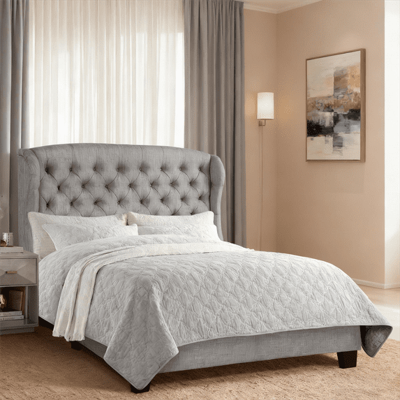 Light Gray Queen Upholstered Platform Bed Frame