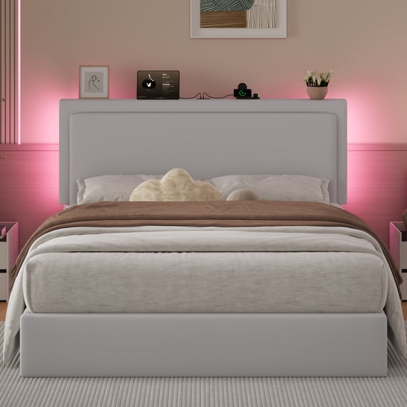 Queen Lift-Up Storage Bed Frame with LED Headboard & Charging Station