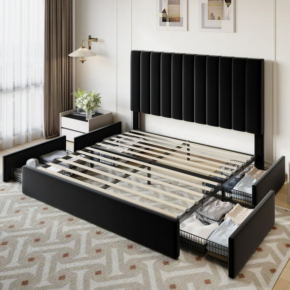 Queen Velvet Platform Bed Frame with Storage Drawers
