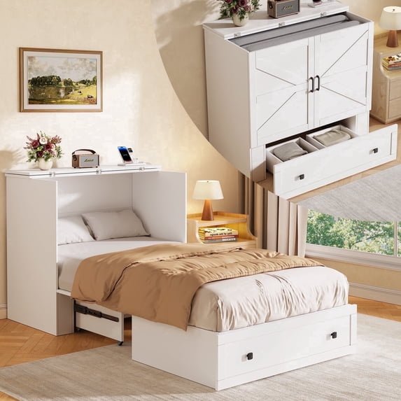 Twin Farmhouse Murphy Bed with Storage & Charging Station