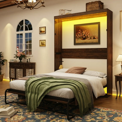 Full Size Farmhouse Murphy Bed with LED Lights and Storage Cabinet