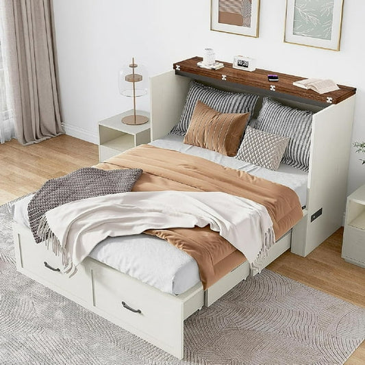 Queen Size Murphy Chest Bed with Storage Drawers & Power Outlets