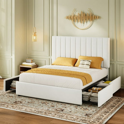 Queen Storage Bed Frame with Adjustable Velvet Headboard