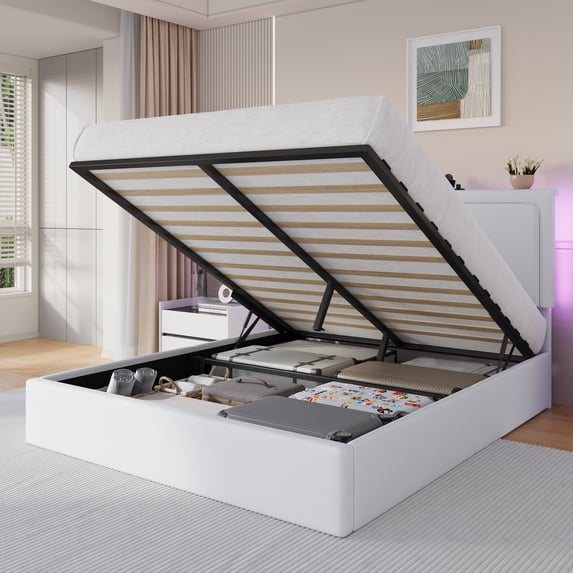 Queen Lift-Up Storage Bed Frame with LED Headboard & Charging Station