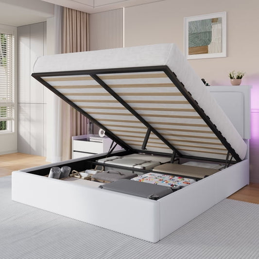 Queen Lift-Up Storage Bed Frame with LED Headboard & Charging Station