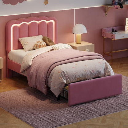 Pink Velvet LED Bed Frame with Storage Drawer