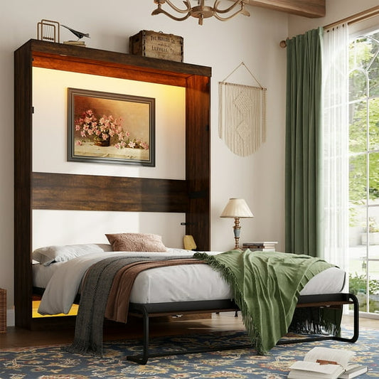 Full Size Farmhouse Murphy Wall Bed with LED Lights & Storage Cabinet