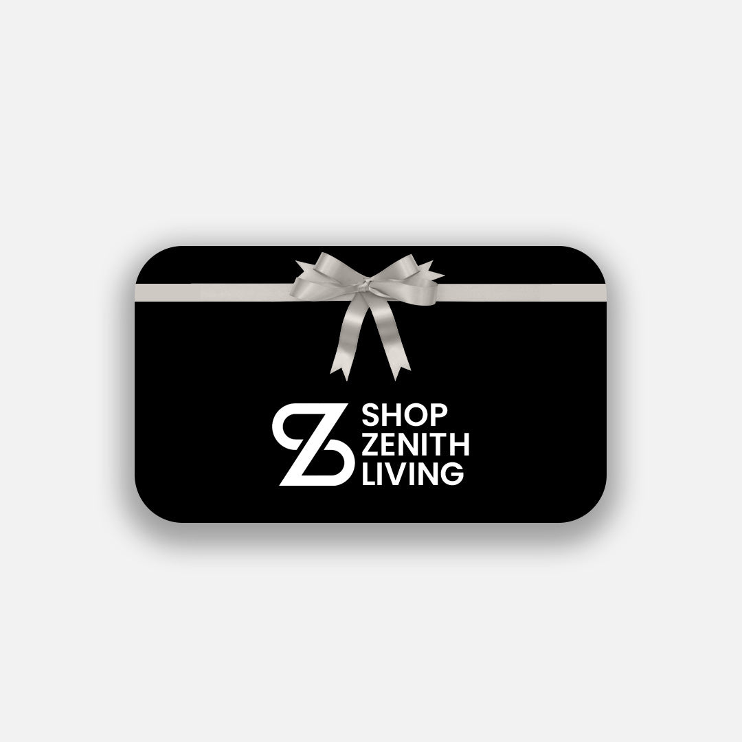 Black gift card with a white ribbon and 'Shop Zenith Living' logo on a light gray background