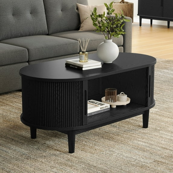 Fluted Walnut Coffee Table with Sliding Storage Door