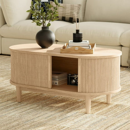 Fluted Walnut Coffee Table with Sliding Storage Door