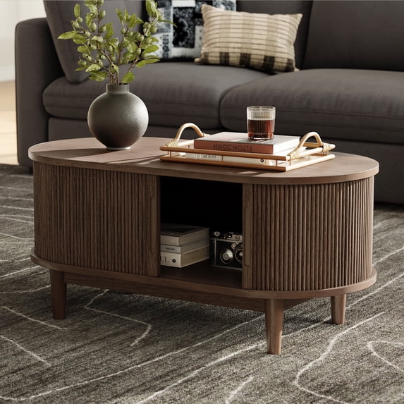 Fluted Walnut Coffee Table with Sliding Storage Door