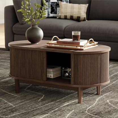 Fluted Walnut Coffee Table with Sliding Storage Door