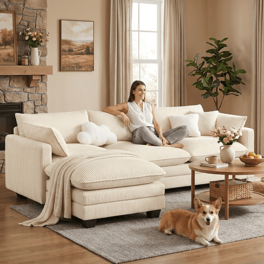 110" L-Shaped Corduroy Sectional Sofa with Ottoman