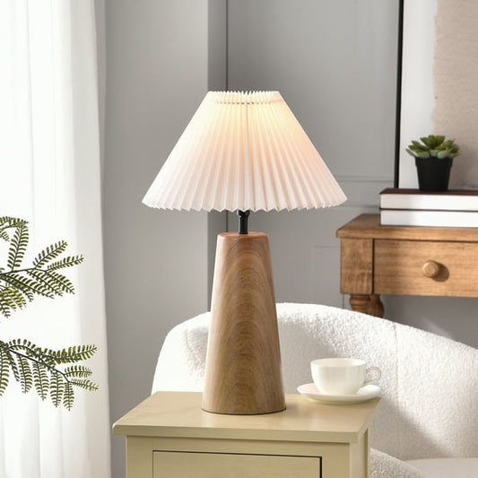 Wood Grain Table Lamp with Pleated Shade