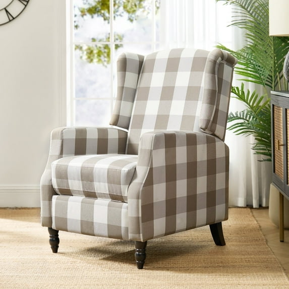 Plaid Beige Wingback Recliner Chair
