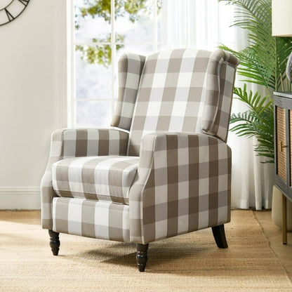 Plaid Beige Wingback Recliner Chair