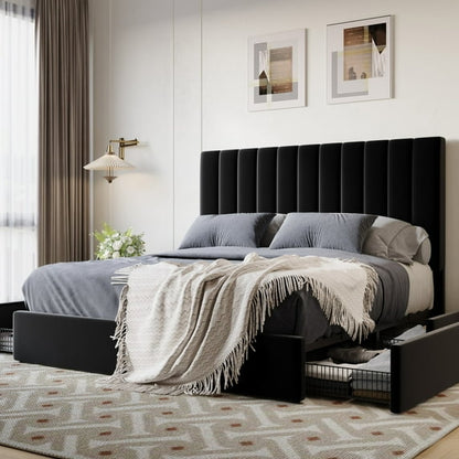 Queen Velvet Platform Bed Frame with Storage Drawers
