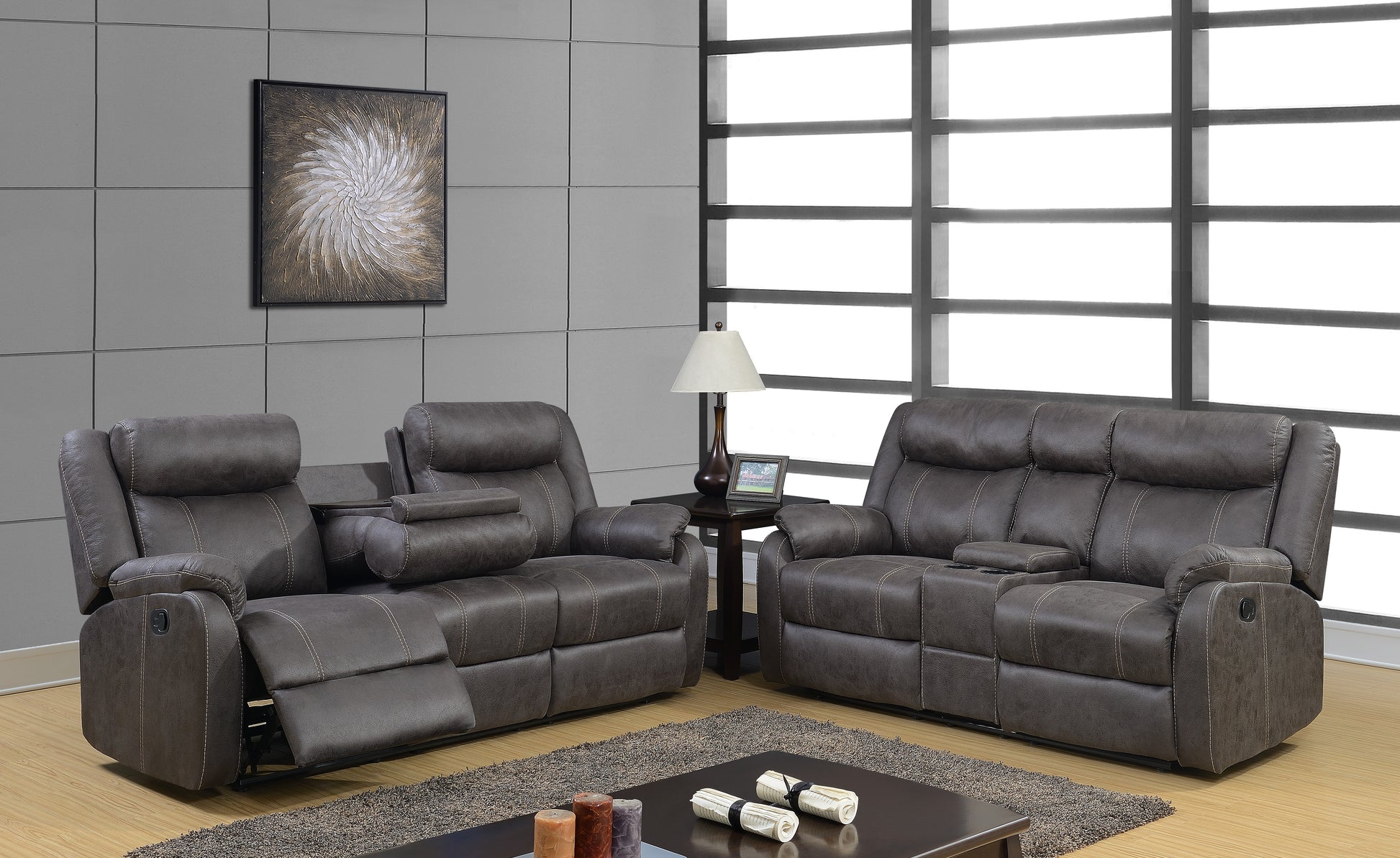 U7303-SL8172-3 (GREY) RECLINING SOFA W DDT & CONSOLE RECLINING LOVESEAT 