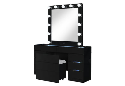 VANITY BLACK SIDE ANGLE WITH STOOL PARTIAL OUT