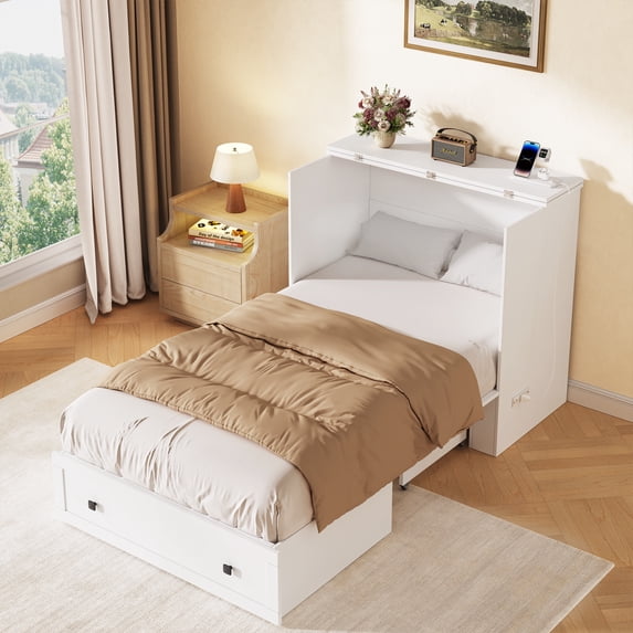 Twin Farmhouse Murphy Bed with Storage & Charging Station