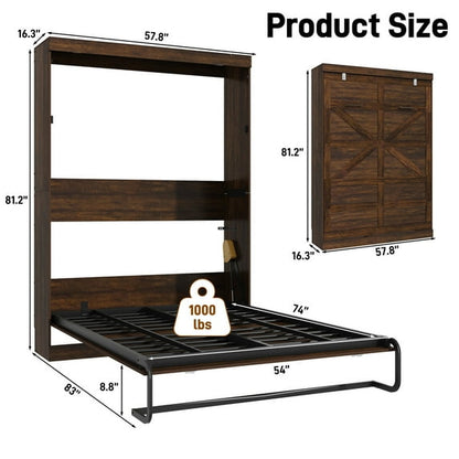 Full Size Farmhouse Murphy Wall Bed with LED Lights & Storage Cabinet