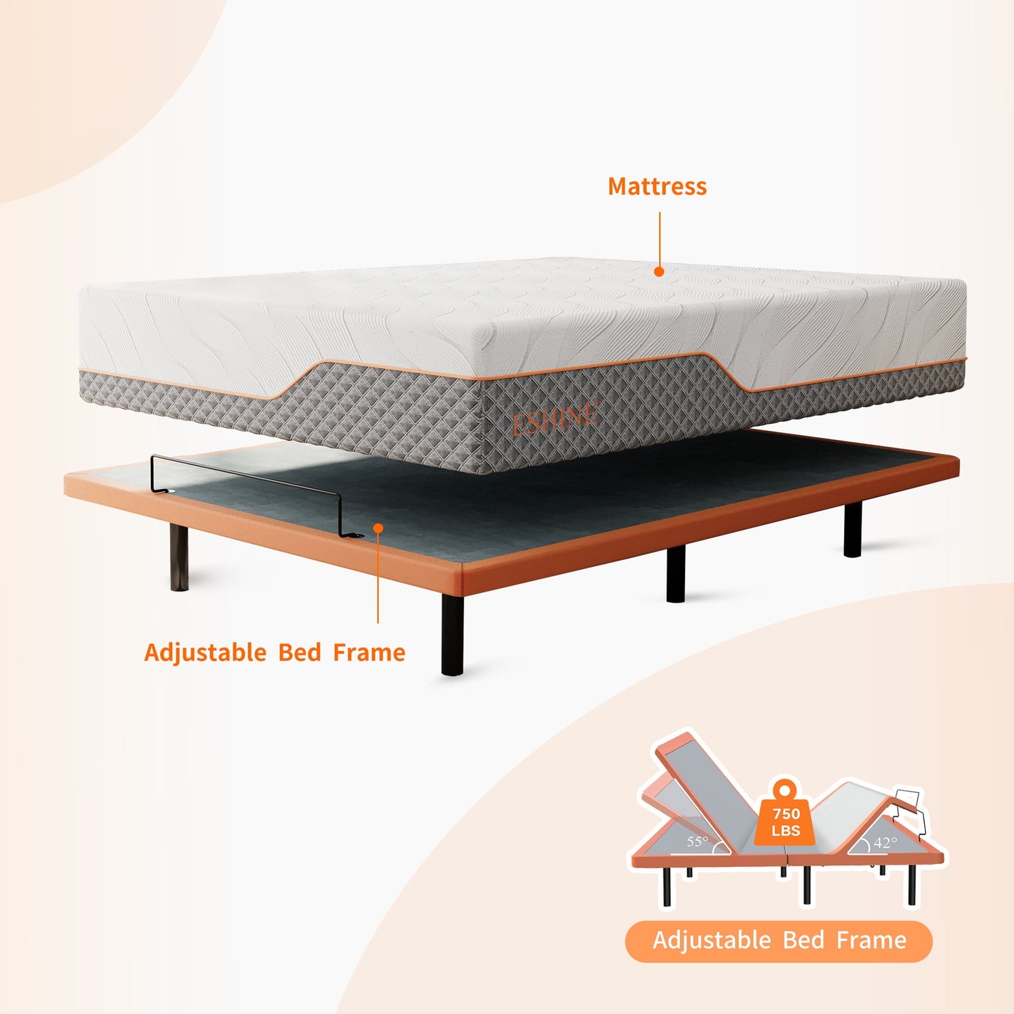 Split King Adjustable Bed Frame With 14 Inch Hybrid Mattress