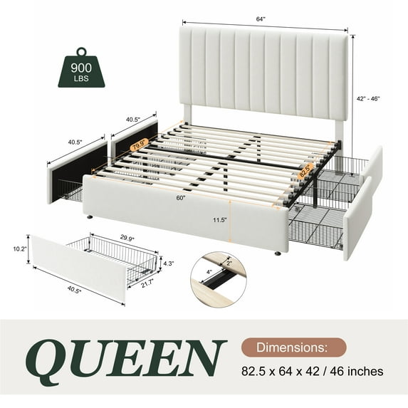 Queen Storage Bed Frame with Adjustable Velvet Headboard