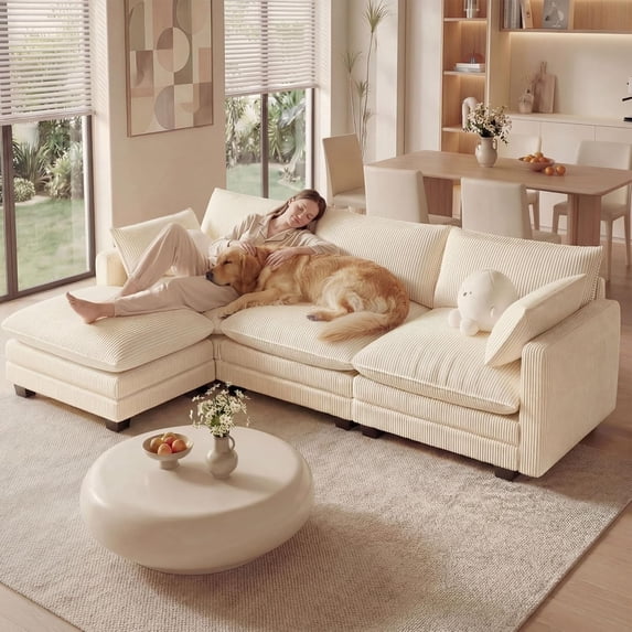 110" L-Shaped Corduroy Sectional Sofa with Ottoman