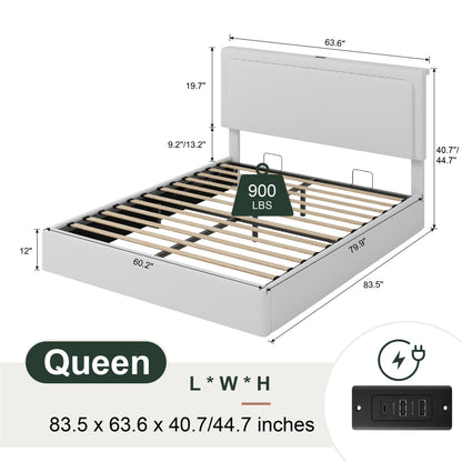 Queen Lift-Up Storage Bed Frame with LED Headboard & Charging Station