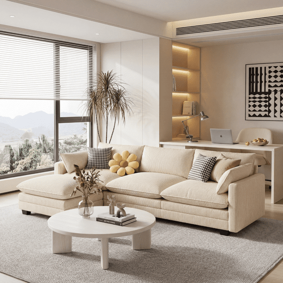 110" L-Shaped Corduroy Sectional Sofa with Ottoman