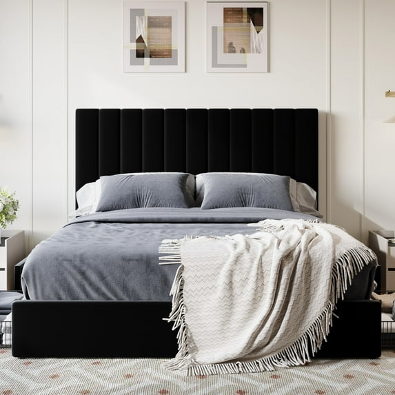 Queen Velvet Platform Bed Frame with Storage Drawers