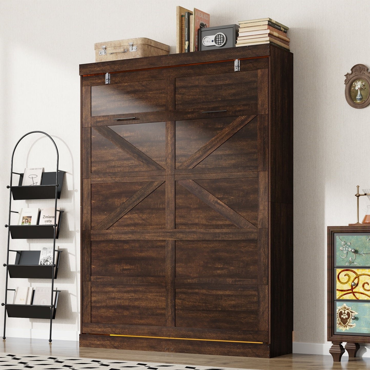 Full Size Farmhouse Murphy Bed with LED Lights and Storage Cabinet