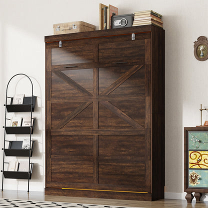 Full Size Farmhouse Murphy Bed with LED Lights and Storage Cabinet