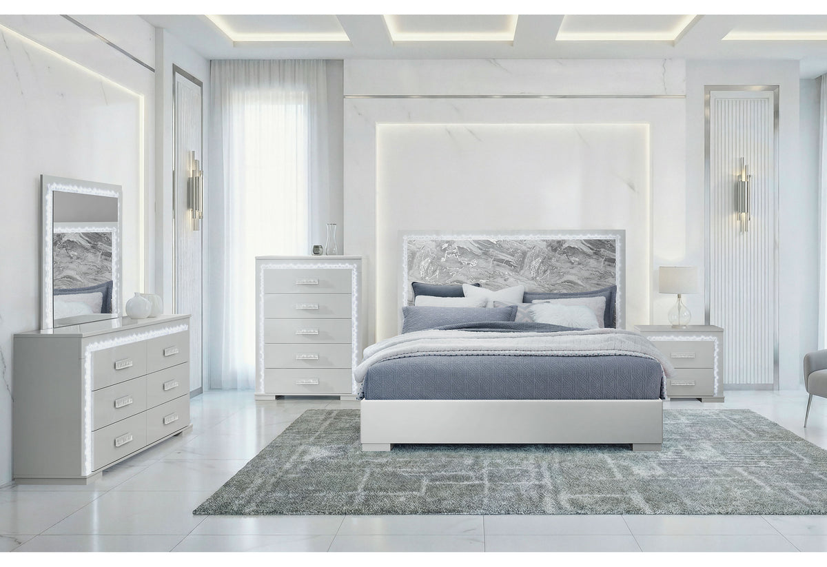 Global Furniture USA Naomi Silver Marble Full Bed, Dresser, Mirror & Nightstand